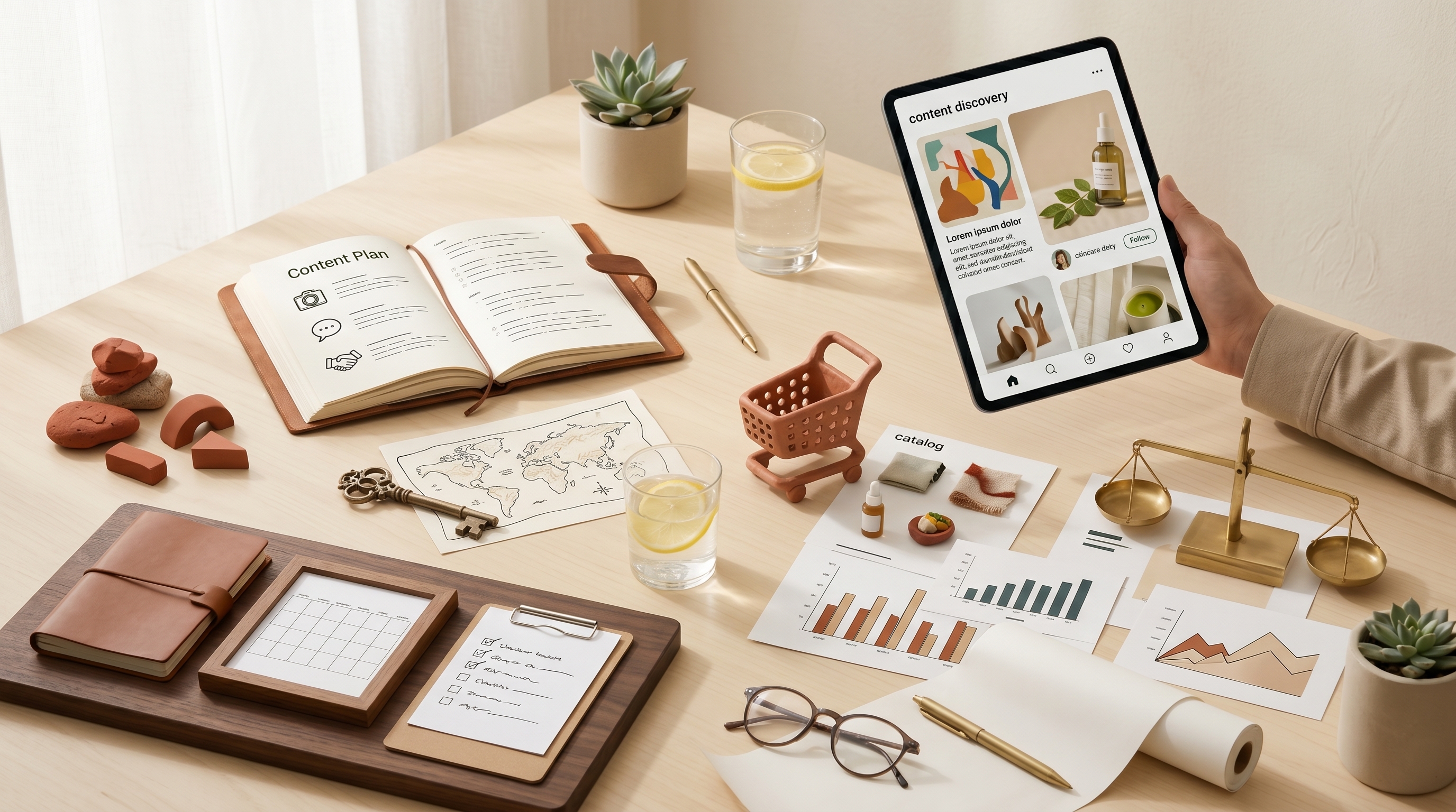 Editorial top-down still life on a warm cream surface — a wood plank, neutral printed papers, and small handheld props arranged as a content-planning reference, lit by soft directional daylight.